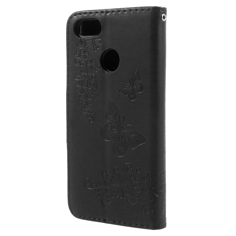 Imprinted Butterfly Flowers Leather Wallet Cover for Huawei P9 lite mini / Enjoy 7 / Y6 Pro (2017) - Black