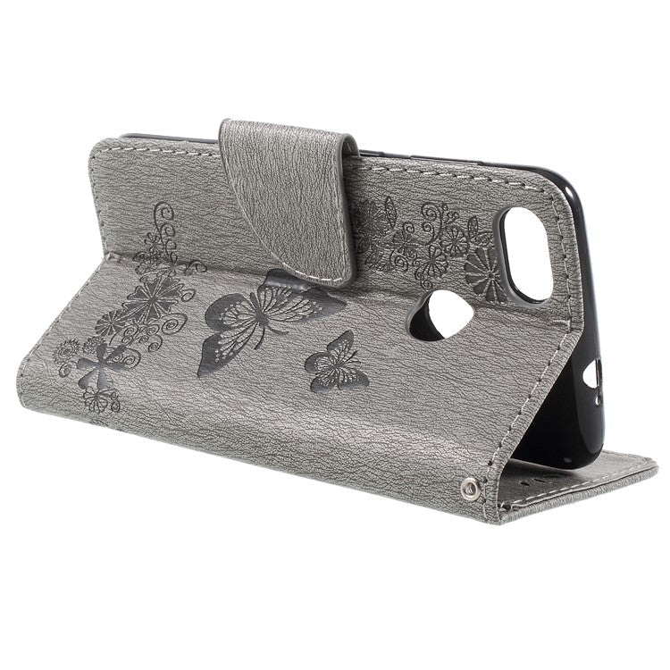 Imprinted Butterfly Flowers Magnetic Leather Wallet Case for Huawei P9 lite mini / Enjoy 7 / Y6 Pro (2017) - Grey