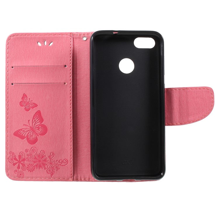 Imprinted Butterfly Flowers Phone Leather Wallet Case for Huawei P9 lite mini / Enjoy 7 / Y6 Pro (2017) - Pink