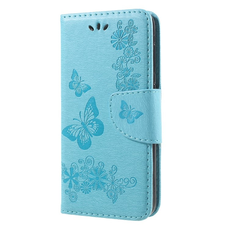 Imprinted Butterfly Flowers Leather Stand Case with Card Slots for Huawei P9 lite mini / Enjoy 7 / Y6 Pro (2017) - Blue