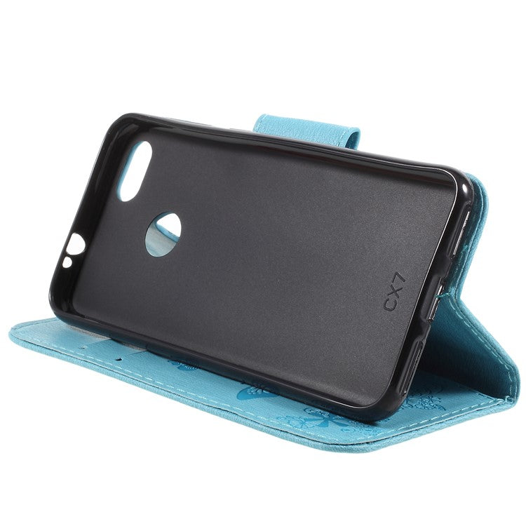 Imprinted Butterfly Flowers Leather Stand Case with Card Slots for Huawei P9 lite mini / Enjoy 7 / Y6 Pro (2017) - Blue