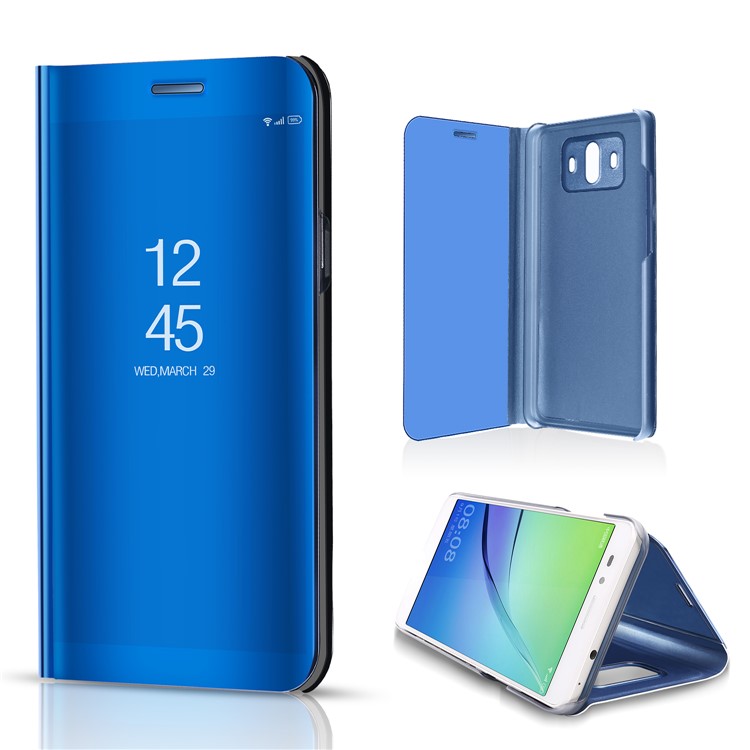 For Huawei Mate 10 Plated Mirror Surface View Leather Stand Flip Case Cover - Blue