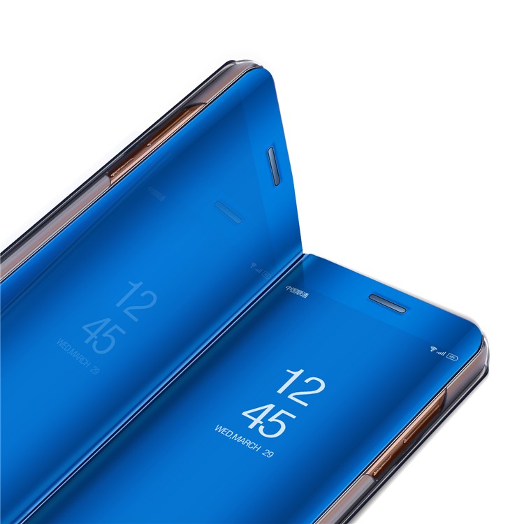 For Huawei Mate 10 Plated Mirror Surface View Leather Stand Flip Case Cover - Blue