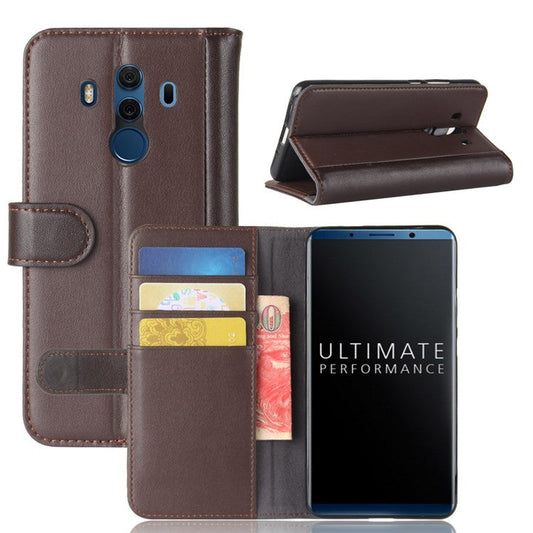 Genuine Split Leather Protective Wallet Phone Case with Stand for Mate 10 Pro - Brown