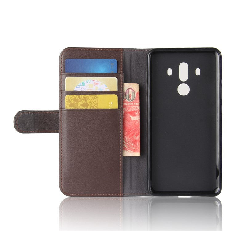 Genuine Split Leather Protective Wallet Phone Case with Stand for Mate 10 Pro - Brown