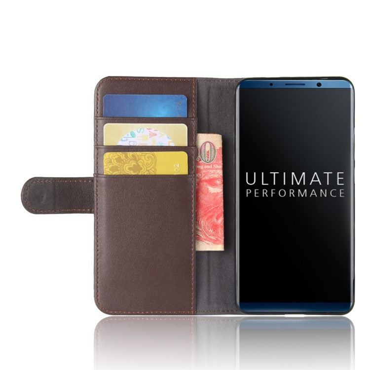 Genuine Split Leather Protective Wallet Phone Case with Stand for Mate 10 Pro - Brown