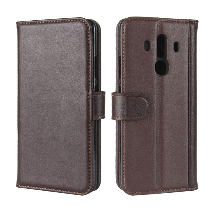 Genuine Split Leather Protective Wallet Phone Case with Stand for Mate 10 Pro - Brown