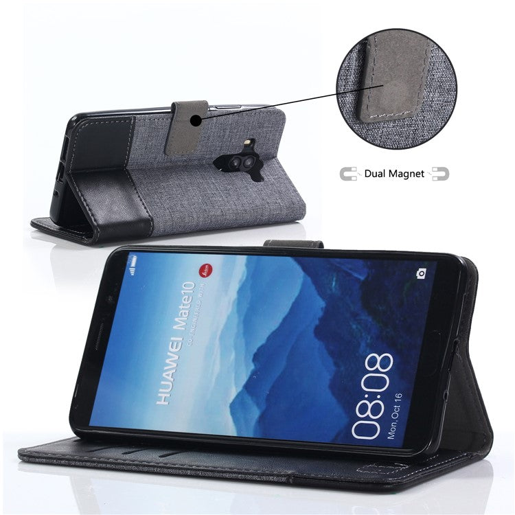 MUXMA Splicing PU Leather Canvas Wallet Phone Cover for Huawei Mate 10 Pro - Black