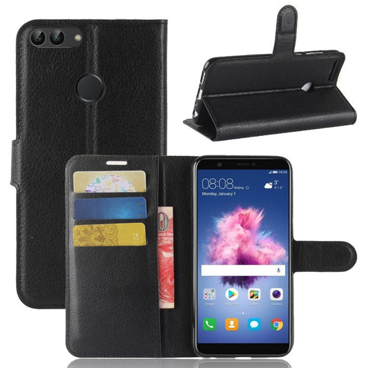 Litchi Skin PU Leather Wallet Stand Phone Shell for Huawei P Smart / Enjoy 7S - Black