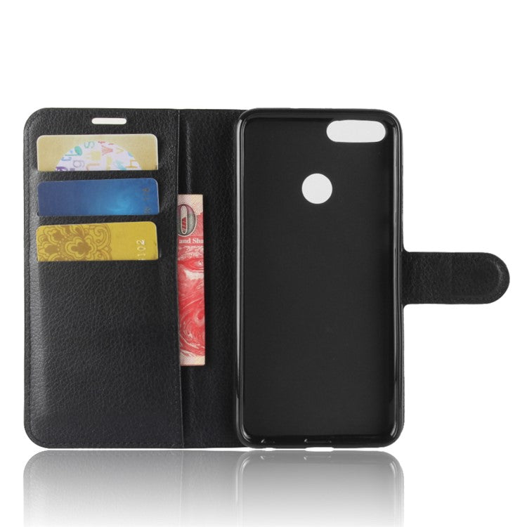 Litchi Skin PU Leather Wallet Stand Phone Shell for Huawei P Smart / Enjoy 7S - Black