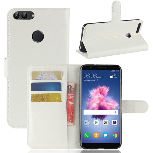 Litchi Skin PU Leather Wallet Stand Flip Case for Huawei P Smart / Enjoy 7S - White