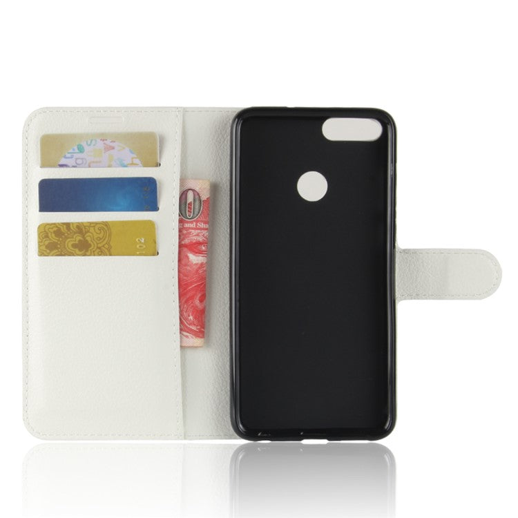 Litchi Skin PU Leather Wallet Stand Flip Case for Huawei P Smart / Enjoy 7S - White