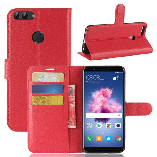 Litchi Skin PU Leather Wallet Phone Casing with Stand for Huawei P Smart / Enjoy 7S - Red