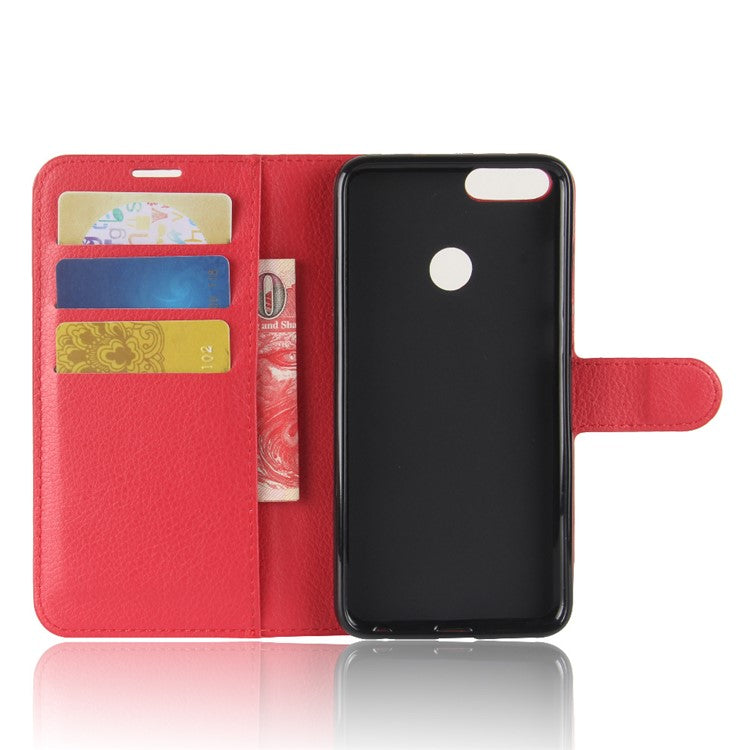 Litchi Skin PU Leather Wallet Phone Casing with Stand for Huawei P Smart / Enjoy 7S - Red