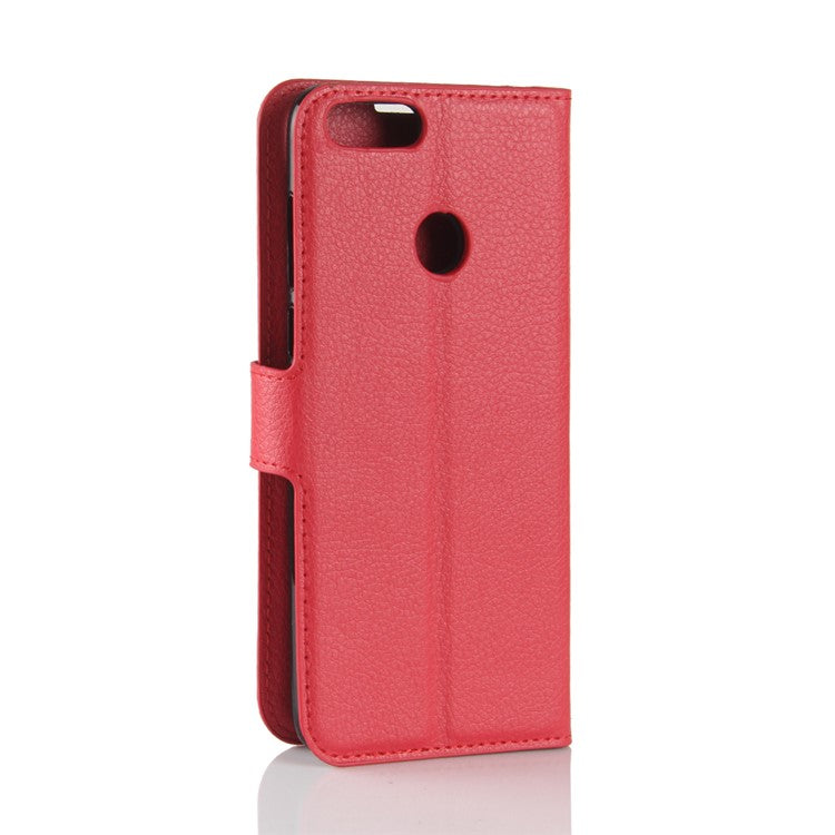 Litchi Skin PU Leather Wallet Phone Casing with Stand for Huawei P Smart / Enjoy 7S - Red