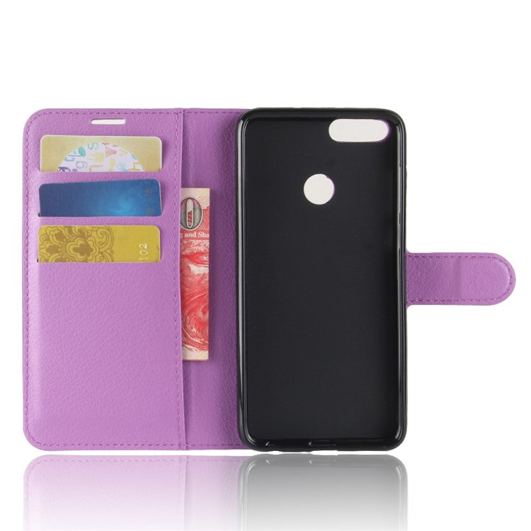 Litchi Grain Leather Wallet Stand Folio Protective Shell for Huawei P Smart / Enjoy 7S - Purple