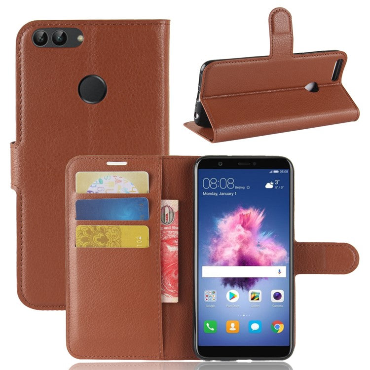 For Huawei P Smart / Enjoy 7S Litchi Skin Leather Wallet Phone Cover Shell with Card Holders - Brown
