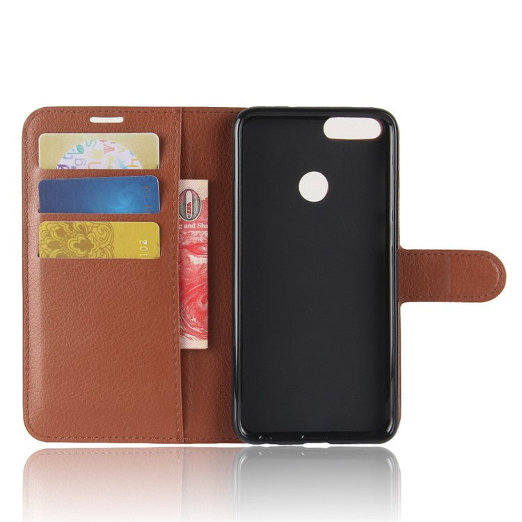 For Huawei P Smart / Enjoy 7S Litchi Skin Leather Wallet Phone Cover Shell with Card Holders - Brown