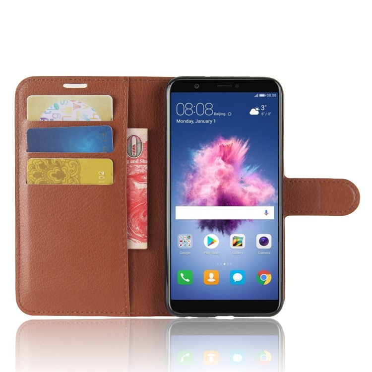 For Huawei P Smart / Enjoy 7S Litchi Skin Leather Wallet Phone Cover Shell with Card Holders - Brown