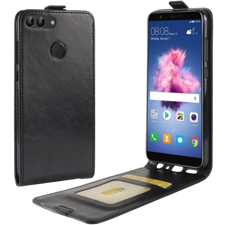 Crazy Horse Texture Vertical Flip Card Holder Leather Case for Huawei P Smart / Enjoy 7S - Black