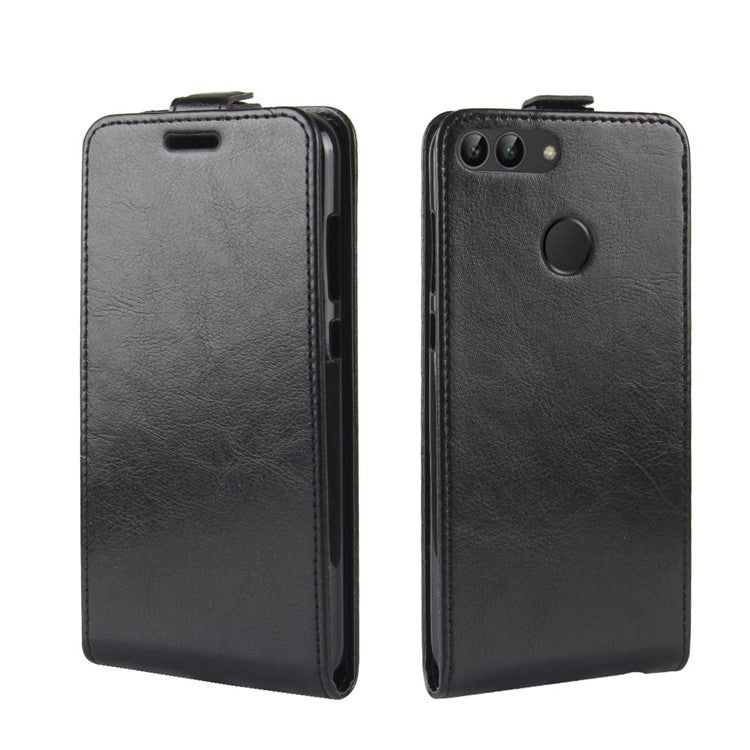 Crazy Horse Texture Vertical Flip Card Holder Leather Case for Huawei P Smart / Enjoy 7S - Black