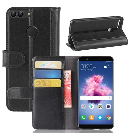 Genuine Split Leather Wallet Stand Case for Huawei P Smart / Enjoy 7S - Black