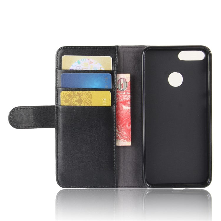 Genuine Split Leather Wallet Stand Case for Huawei P Smart / Enjoy 7S - Black