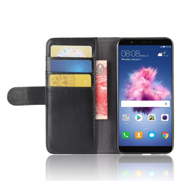 Genuine Split Leather Wallet Stand Case for Huawei P Smart / Enjoy 7S - Black