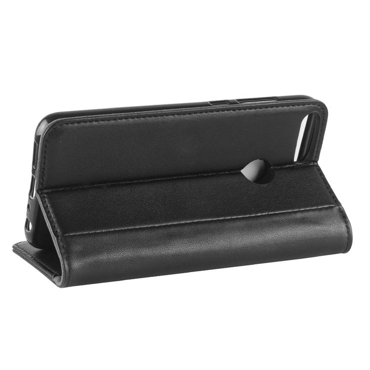 Genuine Split Leather Wallet Stand Case for Huawei P Smart / Enjoy 7S - Black