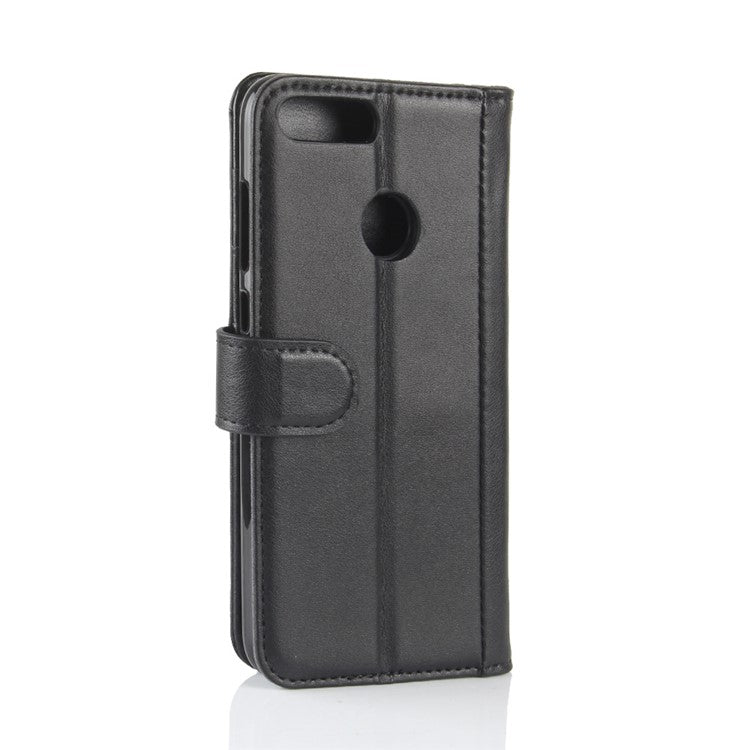 Genuine Split Leather Wallet Stand Case for Huawei P Smart / Enjoy 7S - Black