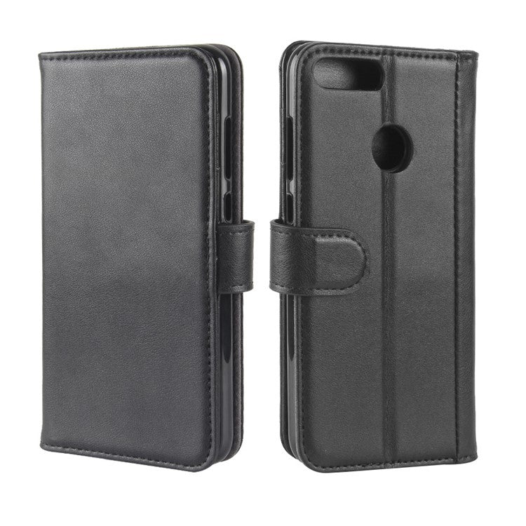 Genuine Split Leather Wallet Stand Case for Huawei P Smart / Enjoy 7S - Black