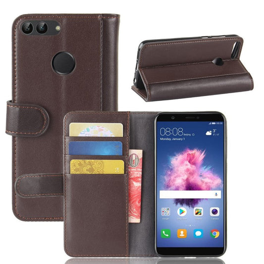 Genuine Split Leather Wallet Stand Cover for Huawei P Smart / Enjoy 7S - Brown