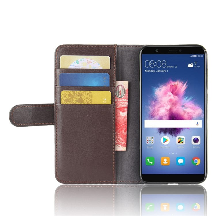 Genuine Split Leather Wallet Stand Cover for Huawei P Smart / Enjoy 7S - Brown