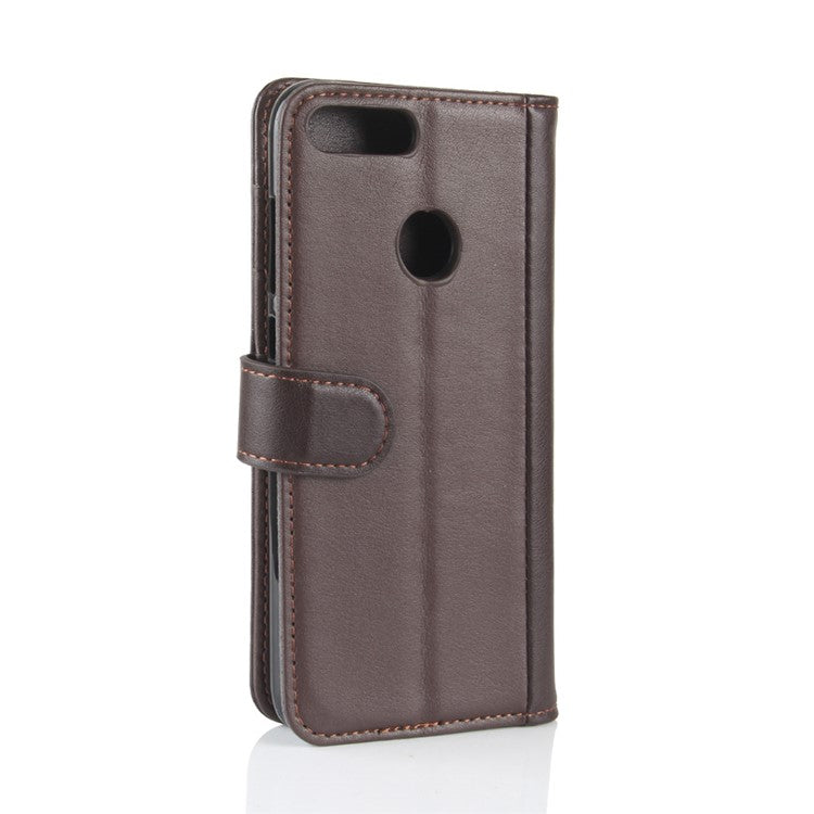 Genuine Split Leather Wallet Stand Cover for Huawei P Smart / Enjoy 7S - Brown