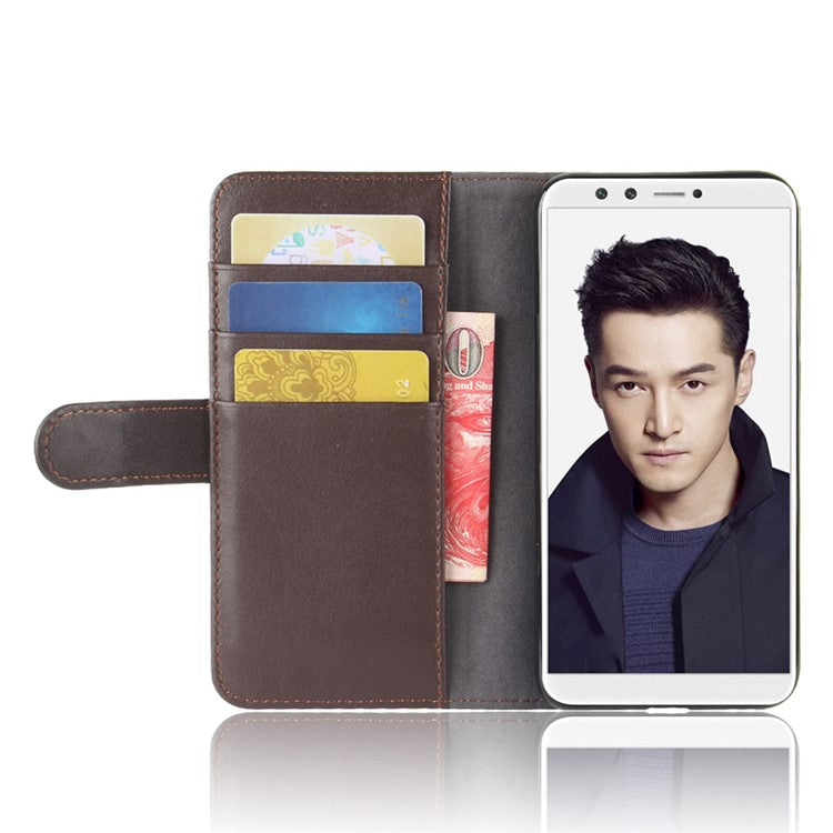 Genuine Split Leather Wallet Stand Shell Case for Huawei Honor 9 Lite / Honor 9 Youth Edition - Brown