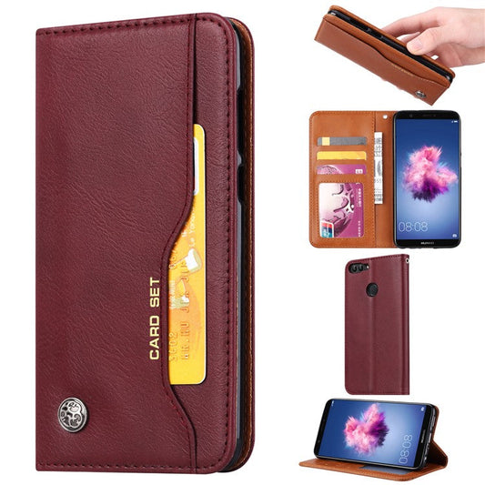 PU Leather Wallet Stand Case for Huawei P Smart / Enjoy 7S - Wine Red
