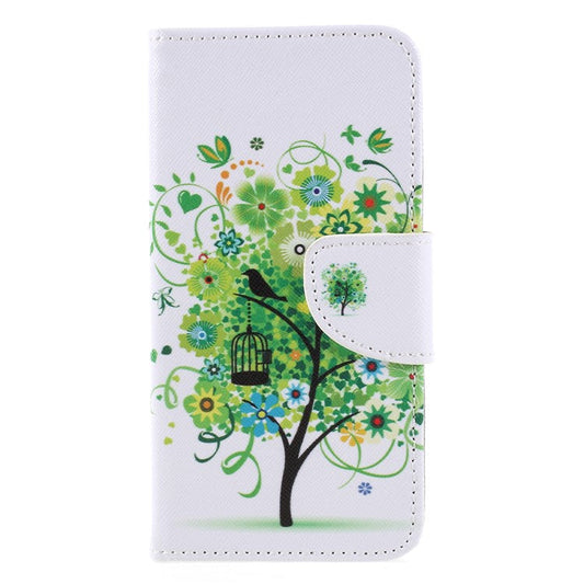 Pattern Printing Cross Texture Stand Wallet PU Leather Mobile Case for Huawei P Smart / Enjoy 7S - Green Tree with Flower