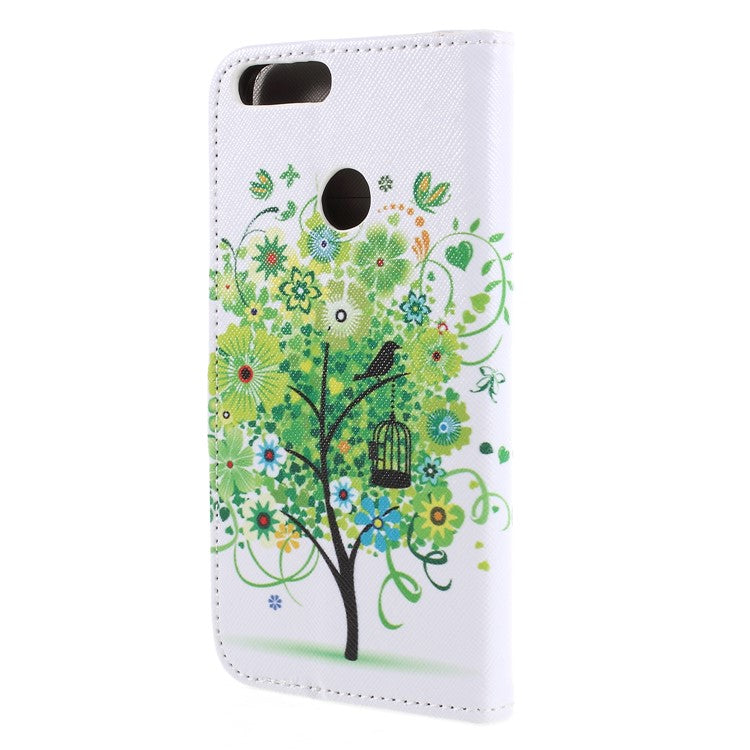 Pattern Printing Cross Texture Stand Wallet PU Leather Mobile Case for Huawei P Smart / Enjoy 7S - Green Tree with Flower