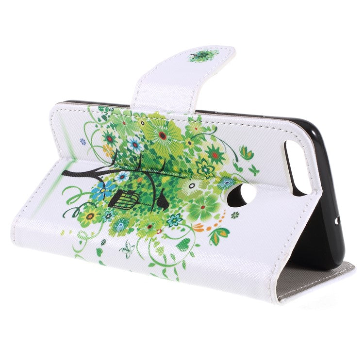 Pattern Printing Cross Texture Stand Wallet PU Leather Mobile Case for Huawei P Smart / Enjoy 7S - Green Tree with Flower