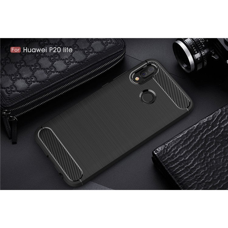 For Huawei P20 Lite / Nova 3e Carbon Fiber Texture Brushed TPU Back Case - Black