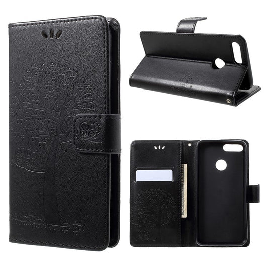 Imprint Tree Owl Pattern Wallet Stand Leather Cover for Huawei P Smart / Enjoy 7S - Black