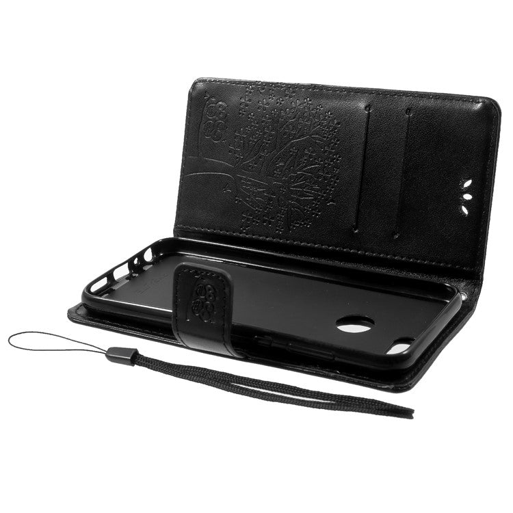 Imprint Tree Owl Pattern Wallet Stand Leather Cover for Huawei P Smart / Enjoy 7S - Black