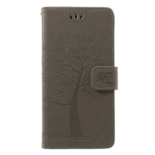 Imprint Tree Owl Pattern Wallet Stand Leather Case for Huawei P Smart / Enjoy 7S - Grey