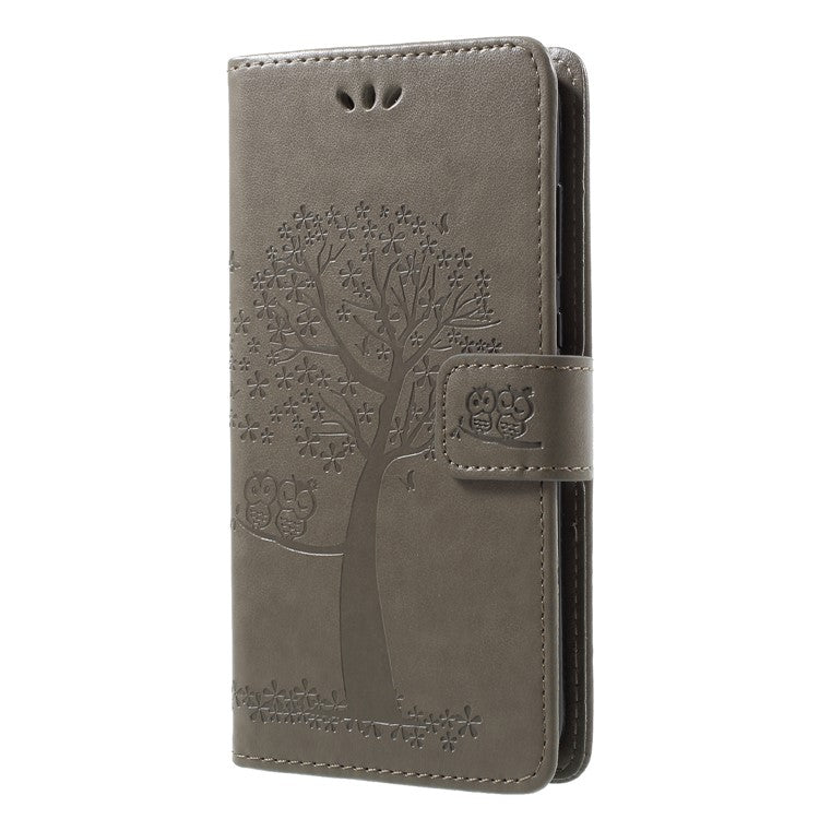 Imprint Tree Owl Pattern Wallet Stand Leather Case for Huawei P Smart / Enjoy 7S - Grey