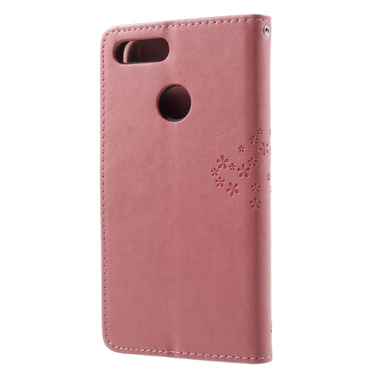 Imprint Tree Owl Pattern PU Leather Wallet Stand Phone Cover for Huawei P Smart / Enjoy 7S - Pink
