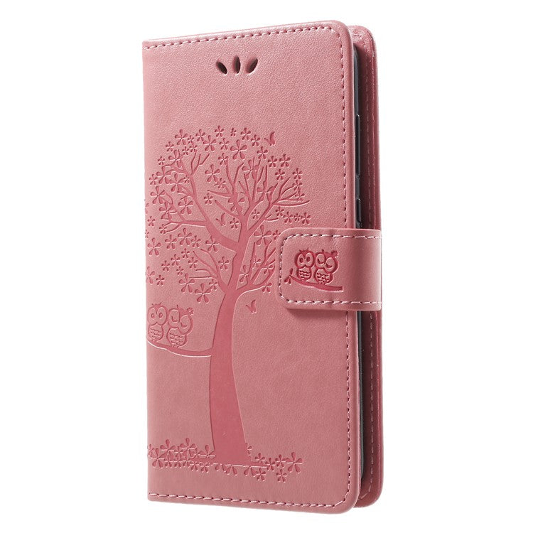 Imprint Tree Owl Pattern PU Leather Wallet Stand Phone Cover for Huawei P Smart / Enjoy 7S - Pink