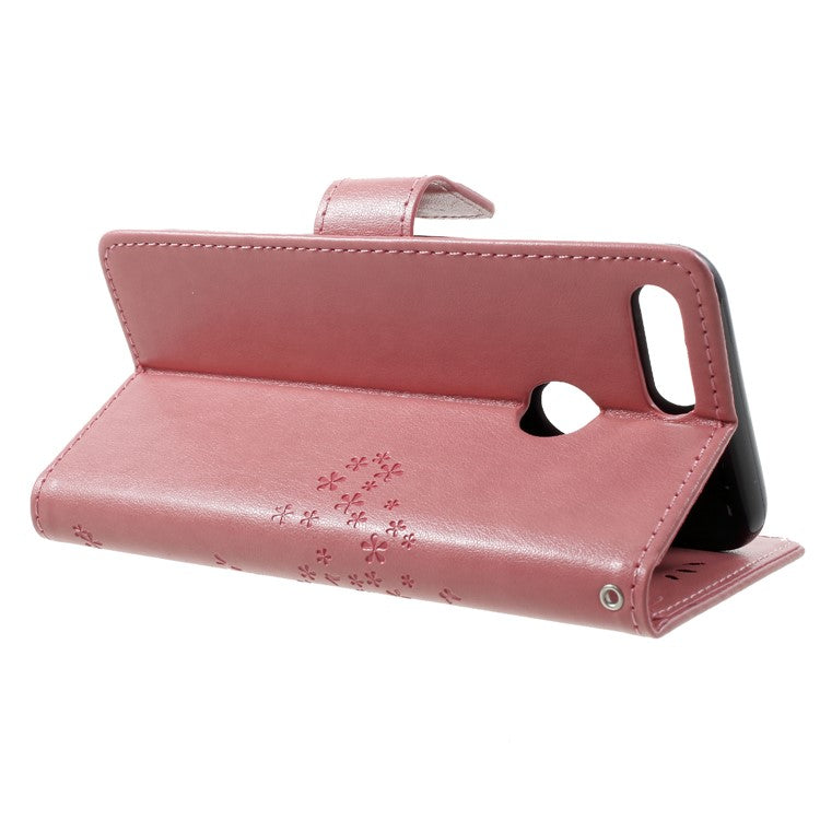 Imprint Tree Owl Pattern PU Leather Wallet Stand Phone Cover for Huawei P Smart / Enjoy 7S - Pink