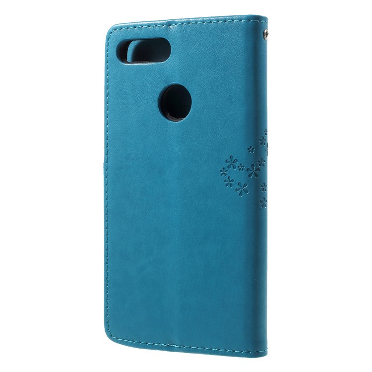 Imprint Tree Owl Pattern PU Leather Protection Cover Shell for Huawei P Smart / Enjoy 7S - Blue
