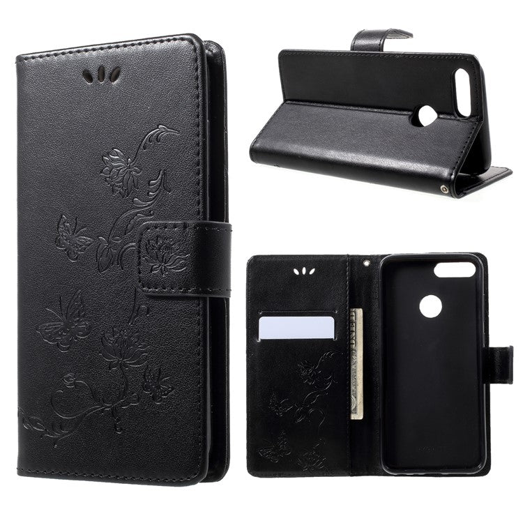 Imprint Butterfly Flower Wallet Stand Leather Case for Huawei P Smart / Enjoy 7S - Black
