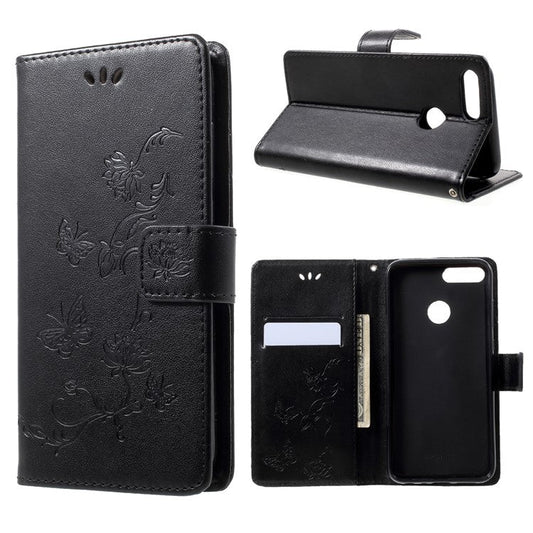 Imprint Butterfly Flower Wallet Stand Leather Case for Huawei P Smart / Enjoy 7S - Black
